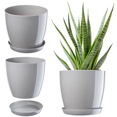 Image de KADAX Élégant Pot de Fleurs, à Plantes avec Soucoupe, Fleurs Rond, en Plastique, Cache pour Interieur Ø 16 cm Gris