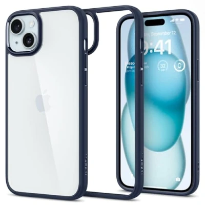 Image de Spigen Coque [Anti Jaune et Antichoc] en Dos PC Bumper TPU Ultra Hybrid pour iPhone 15 Bleu Marin