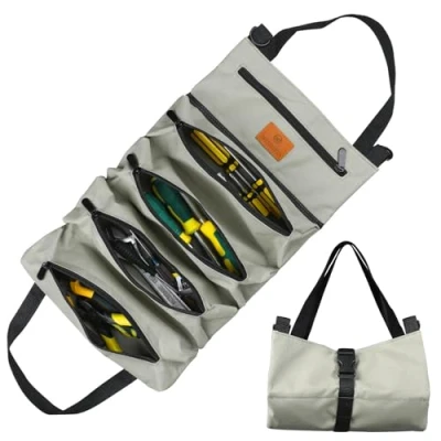 Image de Sac à roulettes pour Outils, Outils en Toile Clés Molette, Polyvalent avec 5 Poches Fermeture éclair, Idéal Les Plombiers et électriciens (Vert) (Gris)