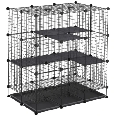 Image de PawHut Cage Parc enclos rongeurs modulable dim. l 111 x 75 H 119 cm 3 Niveaux 4 Portes Fil métallique Noir