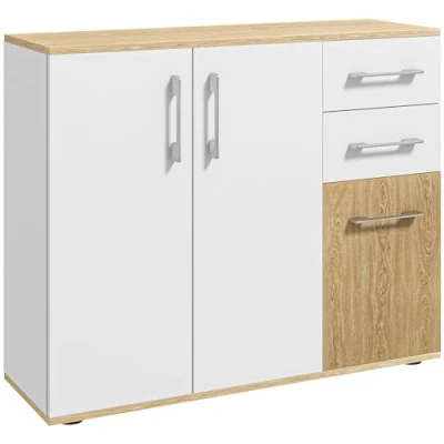 Image de HOMCOM Buffet, Meuble de Rangement avec 3 Portes, 2 tiroirs et étagère réglable, Style Moderne, Buffet Salle à Manger, Cuisine Salon, 90 x 30 75,5 cm, Blanc Bois Naturel