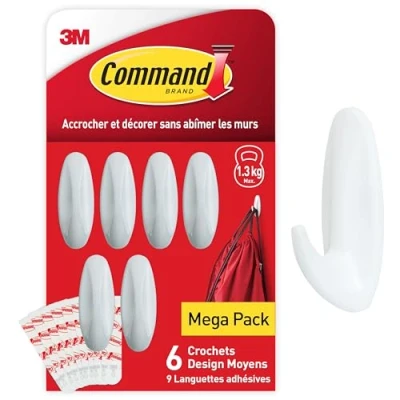 Image de Command Crochets Design Moyen, Modèle Blanc Lot de 6 et 9 Languettes Moyennes Pour Accrocher Décorer Sans Abîmer
