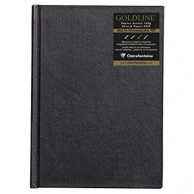 Image de Clairefontaine 34247C Carnet Cousu Goldline 64 Feuilles Papier Dessin Blanc A6 10,5x14,8 cm 140g Format Portrait Couverture Rigide Noire Imitation Toile