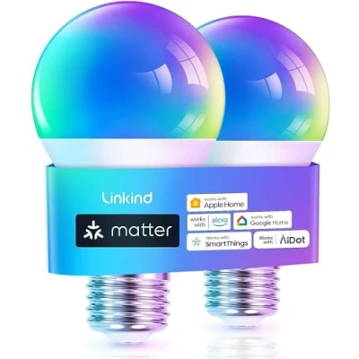 Image de Linkind Ampoule Connectée, Matter Wifi Intelligente, Multicouleurs RGB &amp;1800K 6500K, LED E27 Dimmable Compatible avec Alexa et Google Home, 9W équivalent 60W, Commande Vocale, 2 PCS