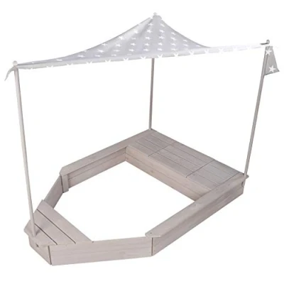 Image de roba Bac à Sable Bateau avec Toit en Tissu + 2 Compartiments et 1 Plastique Couvercles Bois Massif Résistant aux Intempéries dès 12 Mois Gris / Motif Étoile