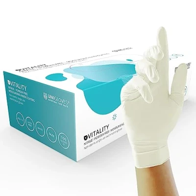 Image de UNIGLOVES Vitality GD0033 Gants d&#039;examen hydratants, multi usages, jetables sans poudre et latex, boîte de 100 gants, blancs, taille M