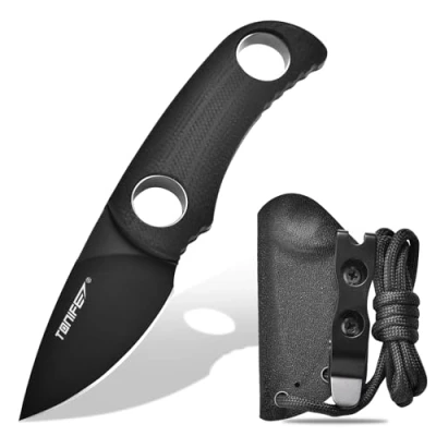 Image de TONIFE Runer Couteau de cou fixe avec fourreau et lanière,4,7cm lame Full Tang Edc pour l&#039;extérieur (Noir+Noir Titane)
