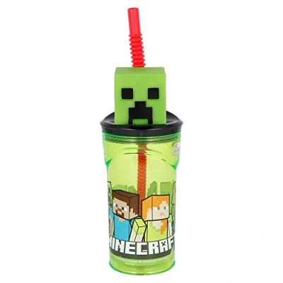 Image de GOBELET RÉUTILISABLE POUR ENFANTS EN PLASTIQUE SANS BPA 430 ML AVEC FIGURINE 3D SUR LE COUVERCLE MINECRAFT