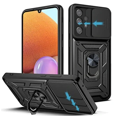 Image de NC LOCLOUD Coque pour Samsung Galaxy A32 4G, Protection de la Caméra Étui avec Lentille Coulissante Couverture et Support à Bague PC Dur TPU Silicone Antichoc Anti Rayures Noir