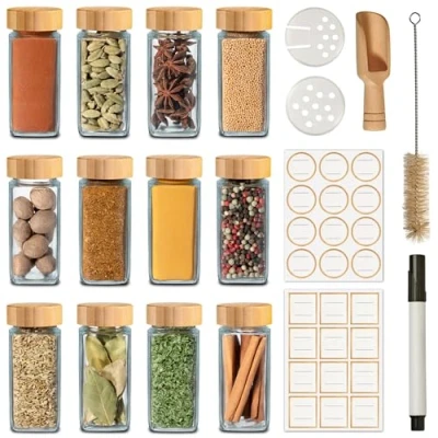 Image de Praknu Pot à Épices avec Étiquettes Réutilisables Lot de 12 Bocaux Couvercle en Bambou 120ml Inclus Brosse Nettoyage &amp; Cuillère Bois