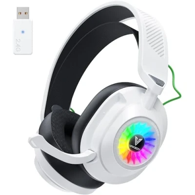 Image de Vakedy HW10 Casque Gaming sans Fil,Casque Bluetooth Fil PS5,Casque avec Micro Antibruit Lumières RGB,pour PS4/PS5/PC/Mac/Switch/Mobile,Casque à Double Mode de Commutation Blanc