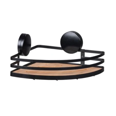 Image de WENKO Étagère Salle de Bain d&#039;angle Douche Static Loc® Plus Alba Etagère Murale Bains Fixation sans perçage Acier laqué et Bambou Durable 27,3 x 21 10,8 cm Noir Bois