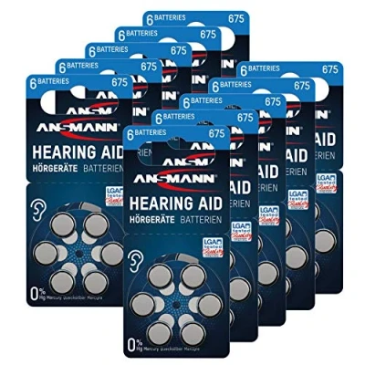 Image de ANSMANN Piles auditives Type 675 (Lot de 60) Bouton pour Aides PR44 Plates appareils auditifs, amplificateurs sonores Bleu