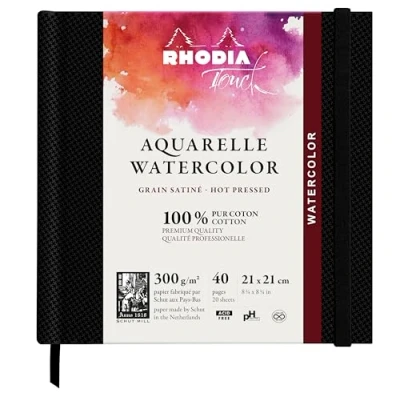 Image de RHODIA TOUCH 116161C Carnet aquarelle 100 % coton grain satiné 300 g/m² 21x21 cm 40 pages non microperforées Brochure rigide Watercolor Book