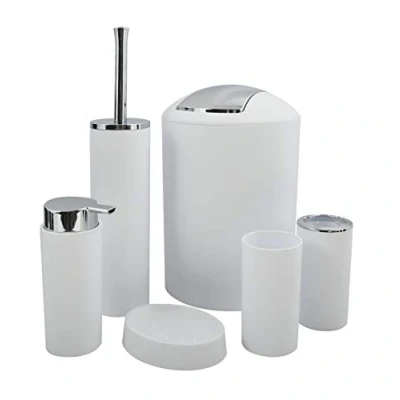 Image de MSV Lot d‘Accessoires Salle de Bains Hannah, PP 6 pièces: Poubelle, Brosse WC, Distributeur Savon, Porte à Dents, Gobelet, Savon Blanc