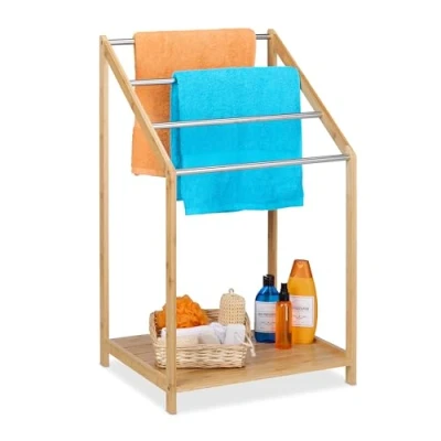 Image de Relaxdays Porte Serviettes à 4 Barres, en Bambou et métal, avec étagère, Non Fixe, H x L P : 86 51 43,5 cm, Nature