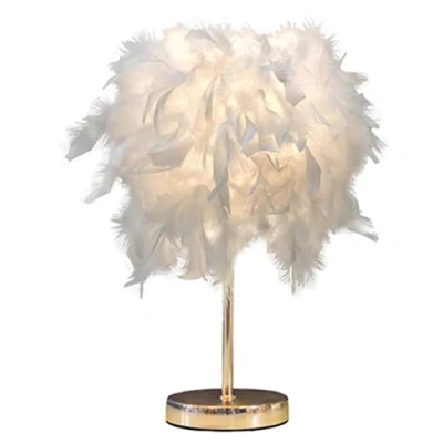 Image de DUNMW Mini Lampe de table en plumes blanches chevet avec base dorée Veilleuse décorative pour chambre à coucher, salon