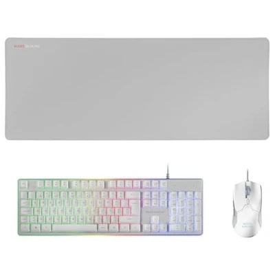 Image de Mars Gaming MCPXWPT, Combo Clavier H Mech FRGB, Souris Ultralégère 10000DPI et Tapis de XXL, Blanc, Langue Portugaise