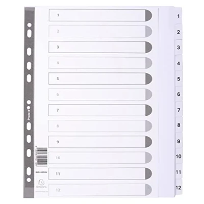 Image de Exacompta Réf. MWD1 12Z EW Intercalaires en carte blanche 160g/m2 FSC® avec 12 onglets imprimés numériques de 1 à et plastifiés Page d&#039;indexation imprimable Format classer A4 maxi