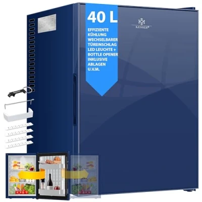 Image de KESSER® Mini réfrigérateur avec façade en verre, 40 l, silencieux, 22 dB, verrouillable, pour chambre à coucher, butée de porte interchangeable, env. 6 12 C, 57 cm haut, éclairage intérieur