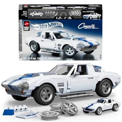 Image de MATTEL BRICK SHOP Hot Wheels Coffret de Construction Corvette Grand Sport, série Elite,918 pièces, pour les collectionneurs, JGR31