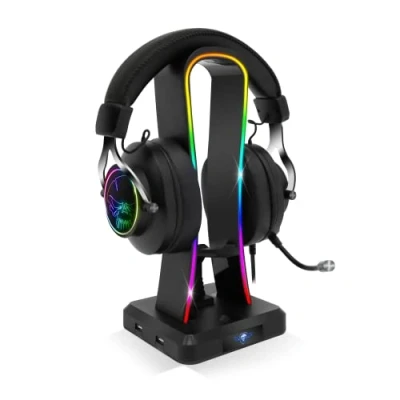 Image de Spirit Of Gamer Sentinel Support Casque Gaming RGB Porte Multifonction 11 Effets Lumineux Compatible PC/PS4/Console 4 Ports USB Câble C et Guide Souris Inclus