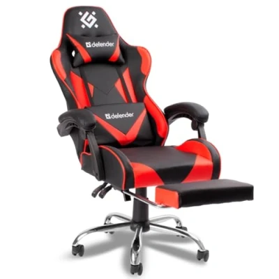 Image de Defender Pilot chaise de gaming PC avec repose pieds Fauteuil ergonomique, soutien lombaire, appuie tête, hauteur réglable, jusqu&#039;à 140 kg, bureau en cuir synthétique, rouge/noir, dossier