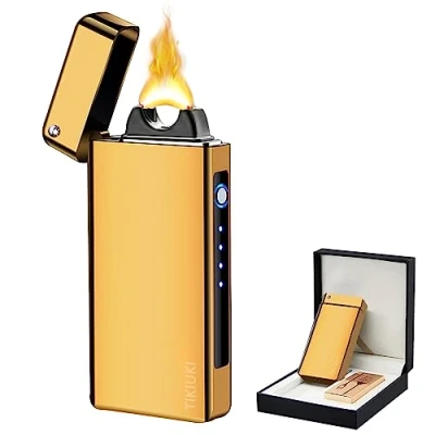 Image de TIKIUKI Briquet électrique USB Rechargeable à Arc Plasma Tempête Portable pour Homme avec Indicateur De Batterie Utilisé Bougies (Or)