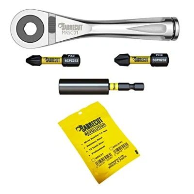Image de 4 pièces SabreCut MRSC01K1 Mini clé à cliquet hexagonale 1/4&quot; en acier inoxydable professionnel 72 dents avec embouts de tournevis PH2 PZ2 32 mm et un porte embout magnétique 60