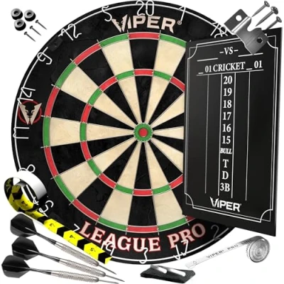 Image de Viper League Pro Jeu de fléchettes avec Pointe en Acier et Fil d&#039;araignée Radial, sisal Haute qualité Anneau Rotatif, Tableau Bord Craie,