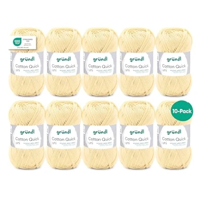 Image de Gründl Laine Cotton Quick uni fine pour crochet Fil à tricoter Brillant et doux la peau 100% coton 10 pelotes de 50 g / 125 m Taille des aiguilles 3 4 Jaune