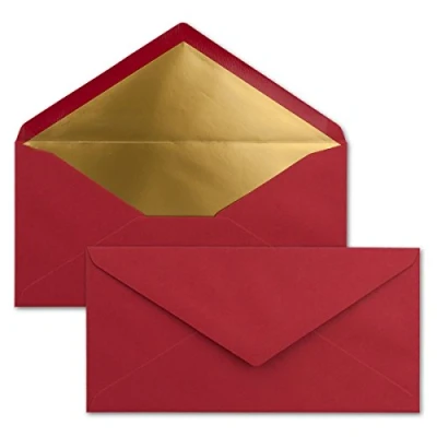 Image de 15x enveloppes 11 x 22 cm couleur: rouge foncé aves doublure en or métallique fermeture: gommée format DL américain, portefeuille sans fenêtre pour papier A4 invitations