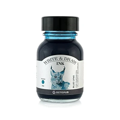 Image de Octopus Write and Draw Ink 456 Blue Lynx, encre imperméable pour écrire et dessiner, de calligraphie, dessin résistante à la lumière stylo plume, en verre, pinceau, 50 ml