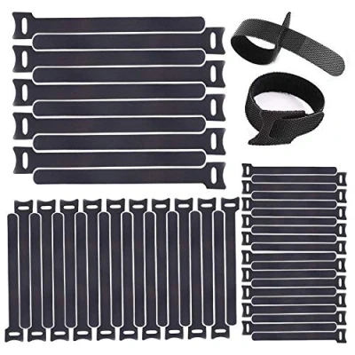Image de 60 pièces Attache Cable,Serre Cable Sangle Rangement Réutilisables Sangles et Cordons de Fixation, Crochet Boucle,Noir Multitaille Auto agrippant