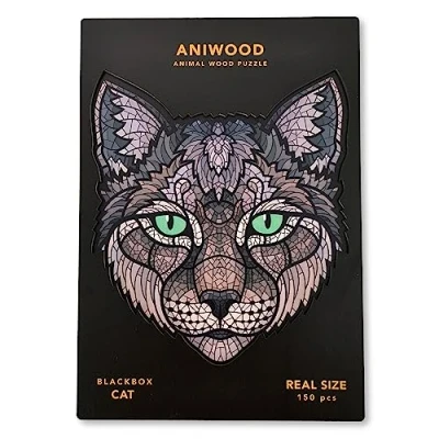 Image de ANIWOOD Puzzle en Bois Forme d&#039;animal. Couvercle découpé à la Taille réelle du Puzzle. Contient des pièces Uniques d&#039;animaux (Chat, M)
