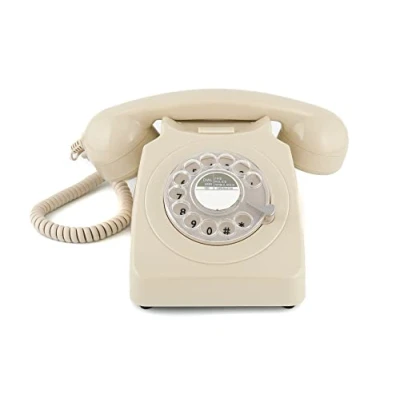 Image de GPO 746 Téléphone fixe rétro de style années 1970 à cadran rotatif Cordon extansible, sonnerie authentique ivoire