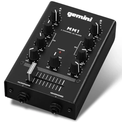 Image de Gemini Sound MM1 Professionnel Audio Double Micro à 2 Canaux DJ Stéréo Compact Rotary Podcast Mélangeur avec Agrafer et Contrôle de Gain Individuel