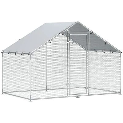 Image de PawHut enclos poulailler, Grand poulailler 5,1 m², Poule avec Couverture imperméable et Anti UV, Porte verouillable, Cage en Acier galvanisé, volière pour 5 8 Poules, 3 x 1,7 1,9m, argenté