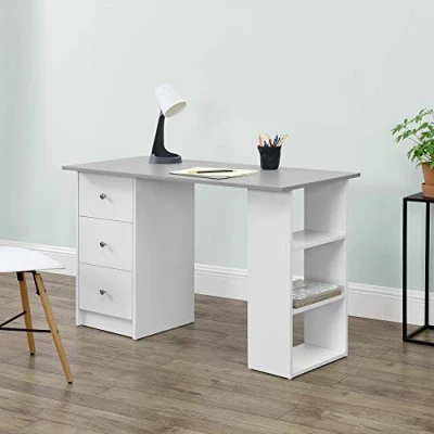 Image de [en.casa] Bureau Table de Secrétaire Poste Travail Informatique avec 3 Tiroirs et Étagères Plat Bois Mélaminé Blanc Gris Clair 120 x 49 72cm