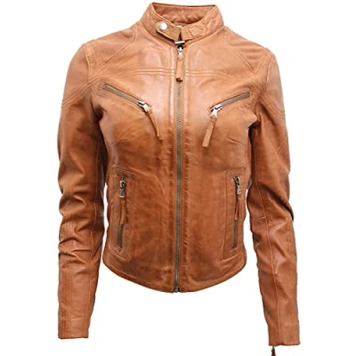 Image de Infinity Leather Veste de Moto Classique en Cuir Véritable Bronzer Pour Femmes, Coupe Mince, Mode L