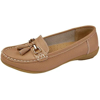 Image de JO &amp; JOE , Mocassins pour femme en cuir avec semelle à talon légèrement compensé, style décontracté, confortable, chaussures de travail,Moka,39 EU / 6 UK