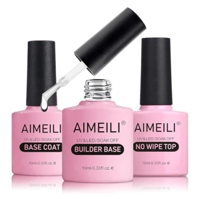 Image de AIMEILI 7 en 1 Builder Base Gel, No Wipe Top Coat et Set, 3Pcs x 10 ml Vernis Semi Permanent Gel UV LED Soak Off Manicure Kit