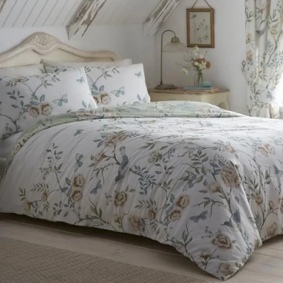 Image de Dreams &amp; Drapes Parure de lit Motif Fleurs et Oiseaux Simple (140 x 200 cm) Housse Couette à Floral Vert Sauge Vintage Collection Amelle