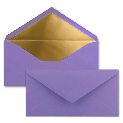 Image de 15x enveloppes 11 x 22 cm couleur: violet aves doublure en or métallique fermeture: gommée format DL américain, portefeuille sans fenêtre pour papier A4 invitations