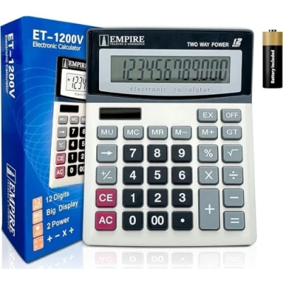 Image de Empire Calculatrice de bureau avec grands boutons, 12 chiffres, grand écran incliné, fonctionne à l&#039;énergie solaire et piles pour la maison le (batterie incluse)