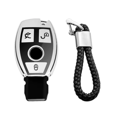 Image de M.JVisun Doux TPU Clef Coque Porte clés pour Mercedes Benz A Classe B C E S G M V CLA CLS GLA GLC GLE GLK GL GLS SL SLK SLC Viano Metris Clé Brillant Argent Tressé