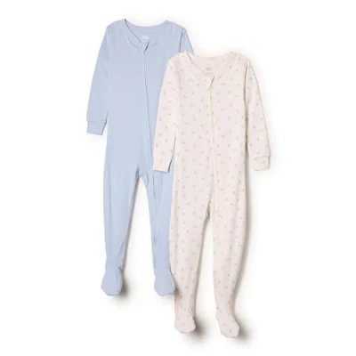 Image de Amazon Essentials x Sofia Grainge Pyjamas à Pieds, en Coton, Coupe Ajustée Mixte Bébé, Lot de 2, Bleu Pâle/Petits Lapins, 0 Mois