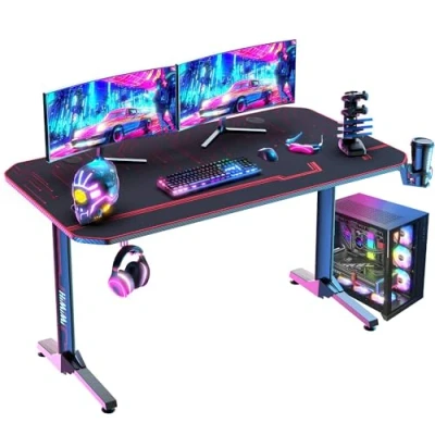 Image de Himimi 140cm Bureau Gaming, 140 x 60 75 cm Ergonomic Gamer Informatique, Table Gaming Desk pour à Domicile avec Tapis de Souris Porte Gobelet Support Casque &amp; Poignée Jeu