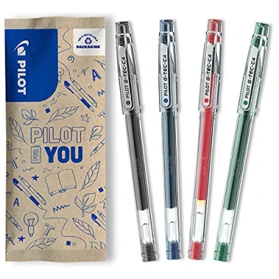 Image de PILOT Lot de 4 Stylos Gel Roller G Tec C4 Stylo Noir, Bleu, Rouge, Vert Pointe Fine