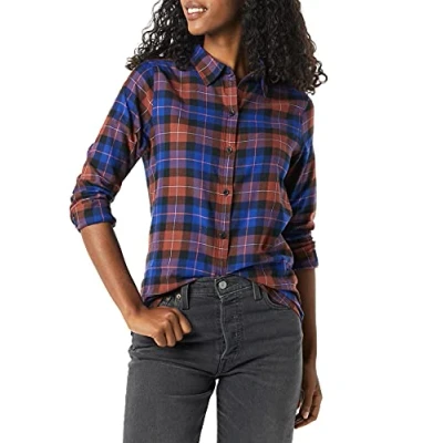 Image de Amazon Essentials Chemise en Flanelle Légère avec Motif à Carreaux et Manches Longues Coupe Classique Femme, Multicolore Vitre, S